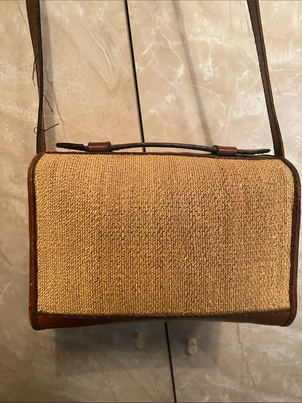 Woven Straw Crossbody Camera Bag with Brown Leather Trim